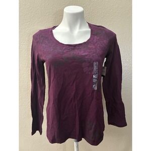 St Johns Bay Plum Purple Floral Graphic Long Sleeve Scoop Neck Tee Shirt Small